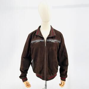 Y2k EGA Emporio Collection Brown Leather Suede Zip Front Bomber Jacket